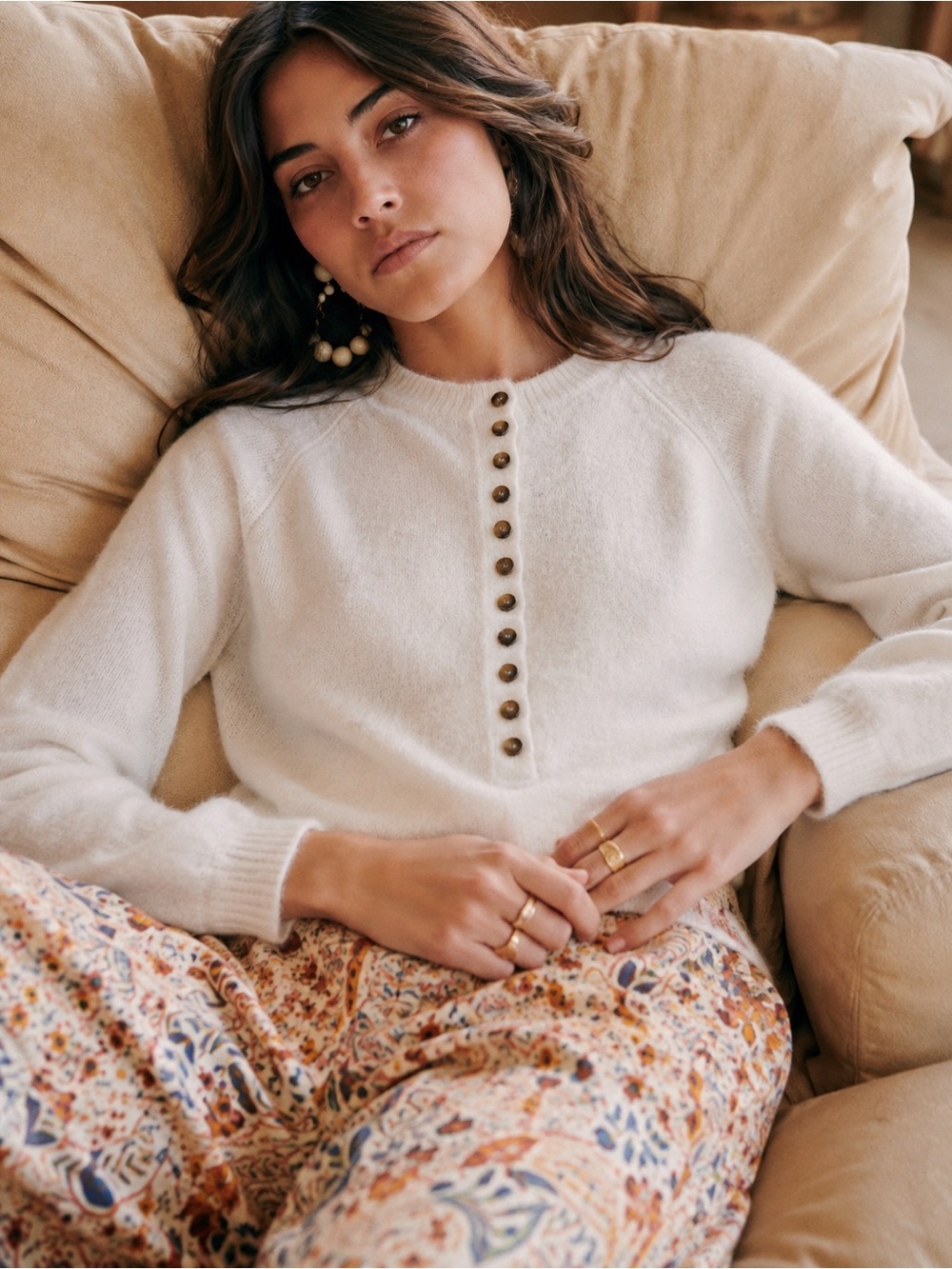 Sezane Leon Button-Placket Crewneck Sweater- XXS